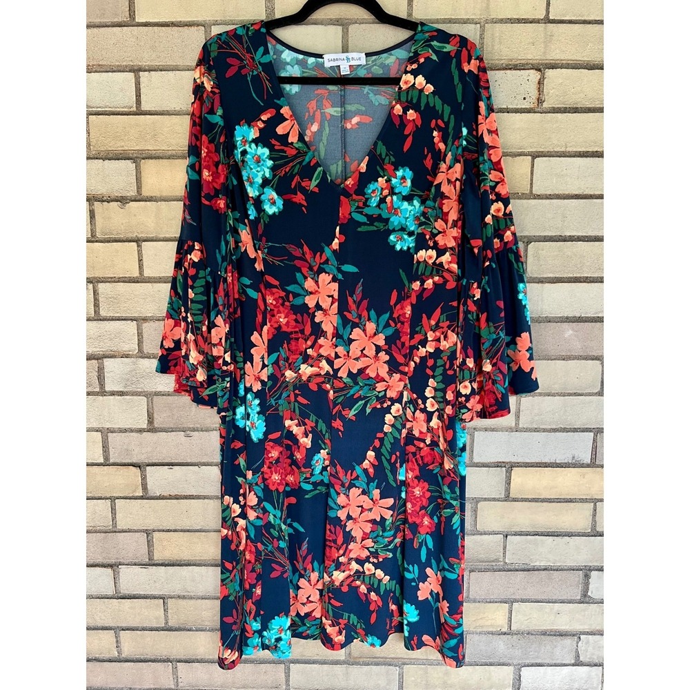Sabrina Blue Floral V-Neck 3/4 Bell Sleeve Stretch Knit Dress Navy Colorful 1X